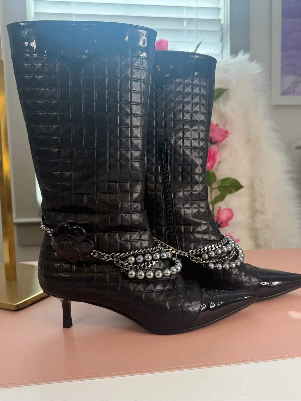 Chanel Black Embossed Leather Pointed Toe Boots with Pearl Chain Detail Sz 36